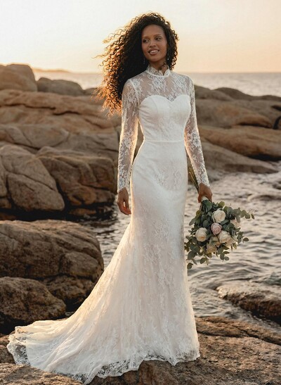 Trumpet/Mermaid Illusion Neck Vintage Lace Wedding Dresses With Long Sleeves