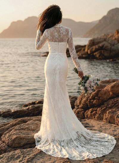 Trumpet/Mermaid Illusion Neck Vintage Lace Wedding Dresses With Long Sleeves