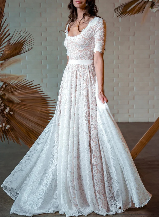 Boho Lace A-Line Open Back Wedding Dresses With Short Sleeves