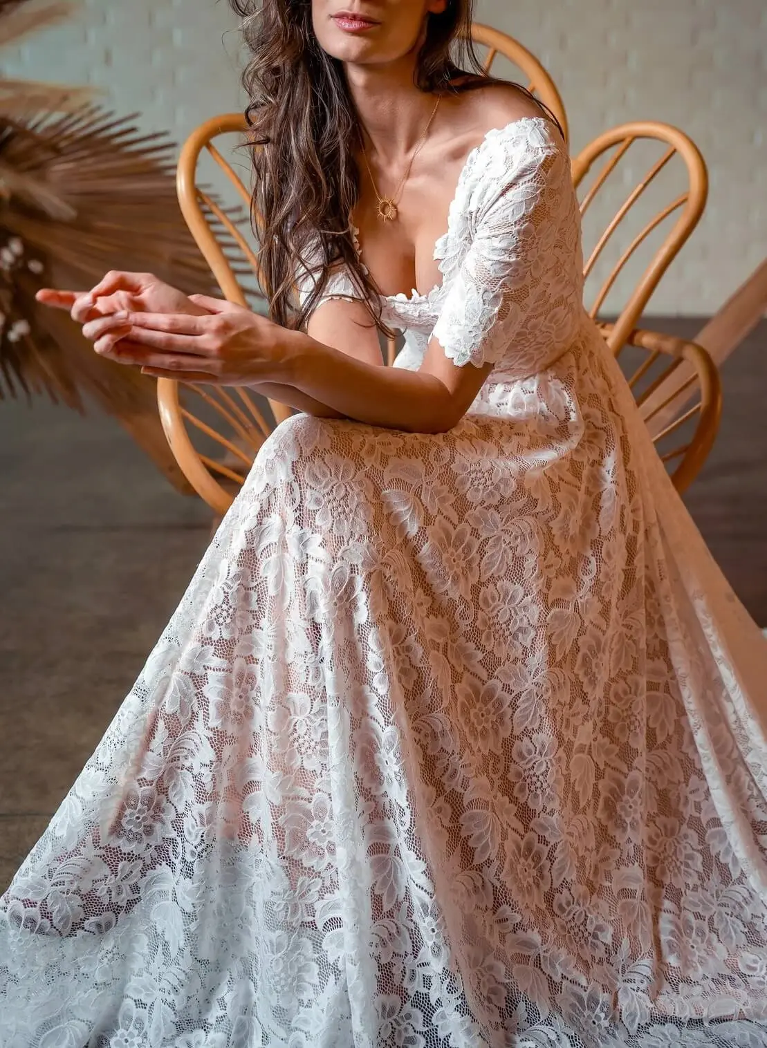 Missacc Bride Boho Lace A-Line Open Back Wedding Dresses with Short Sleeves