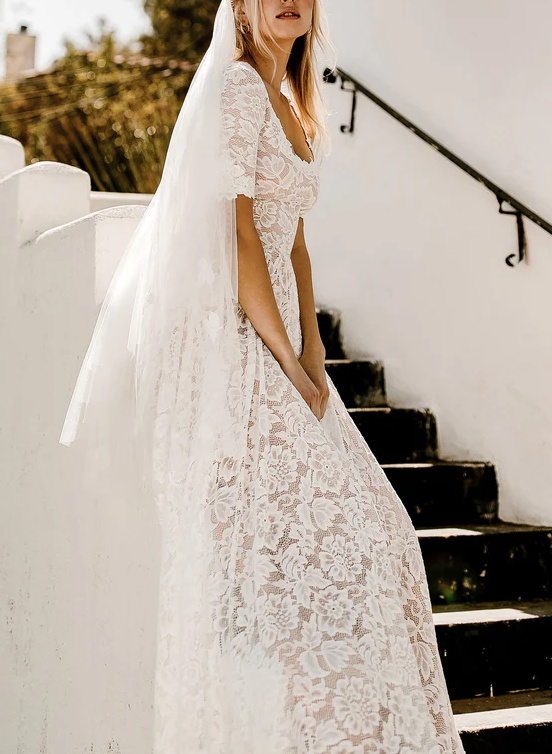 Boho Lace A-Line Open Back Wedding Dresses With Short Sleeves