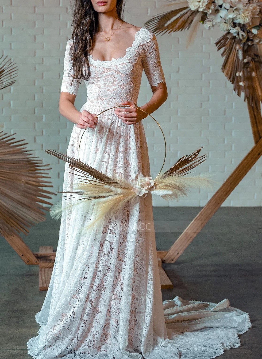 Boho Lace A-Line Open Back Wedding Dresses With Short Sleeves