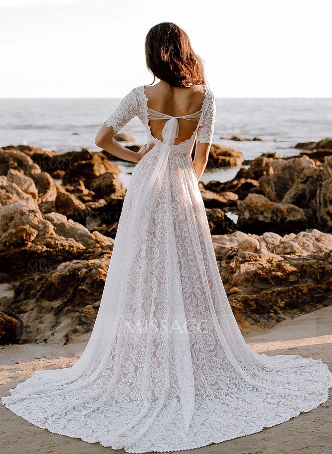 Boho Lace A-Line Open Back Wedding Dresses With Short Sleeves