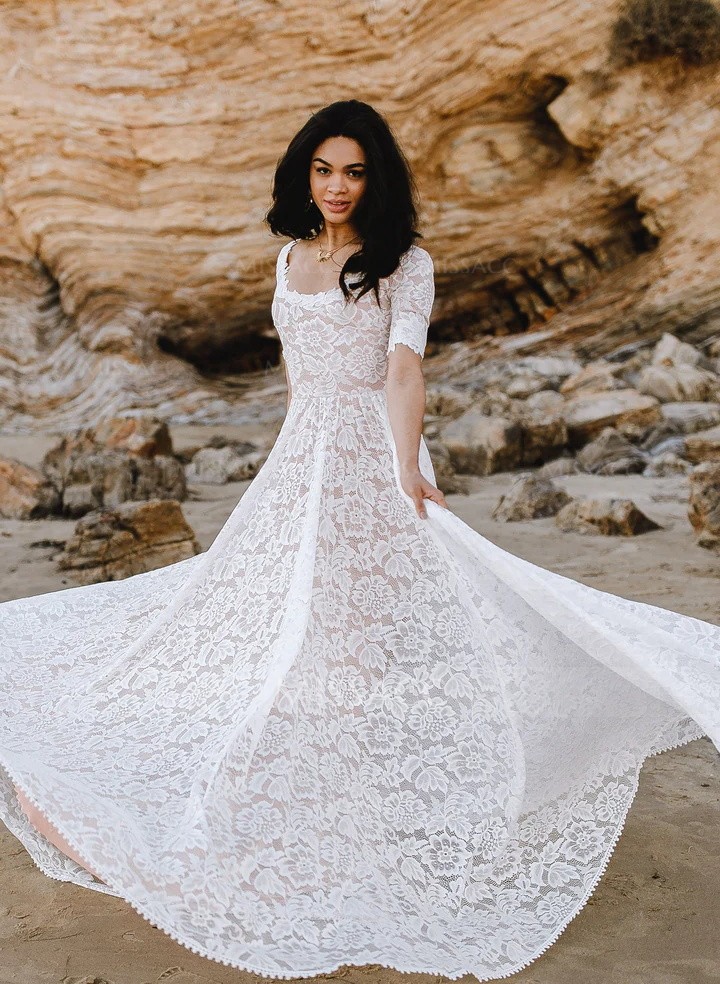 Boho Lace A-Line Open Back Wedding Dresses With Short Sleeves