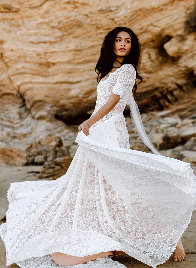 Boho Lace A-Line Open Back Wedding Dresses With Short Sleeves