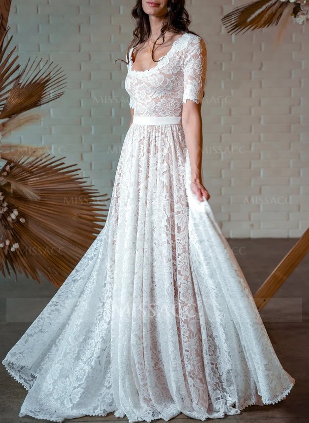 Boho Lace A-Line Open Back Wedding Dresses With Short Sleeves