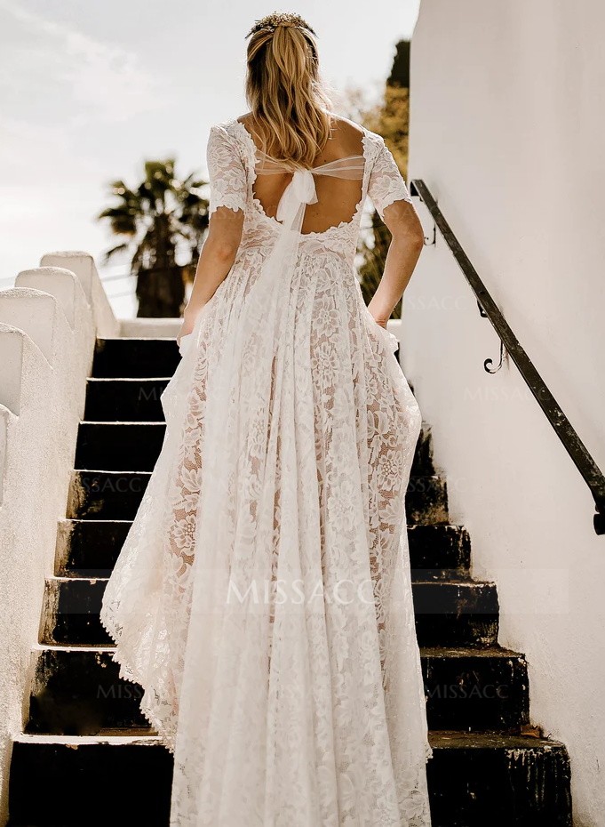 Boho Lace A-Line Open Back Wedding Dresses With Short Sleeves