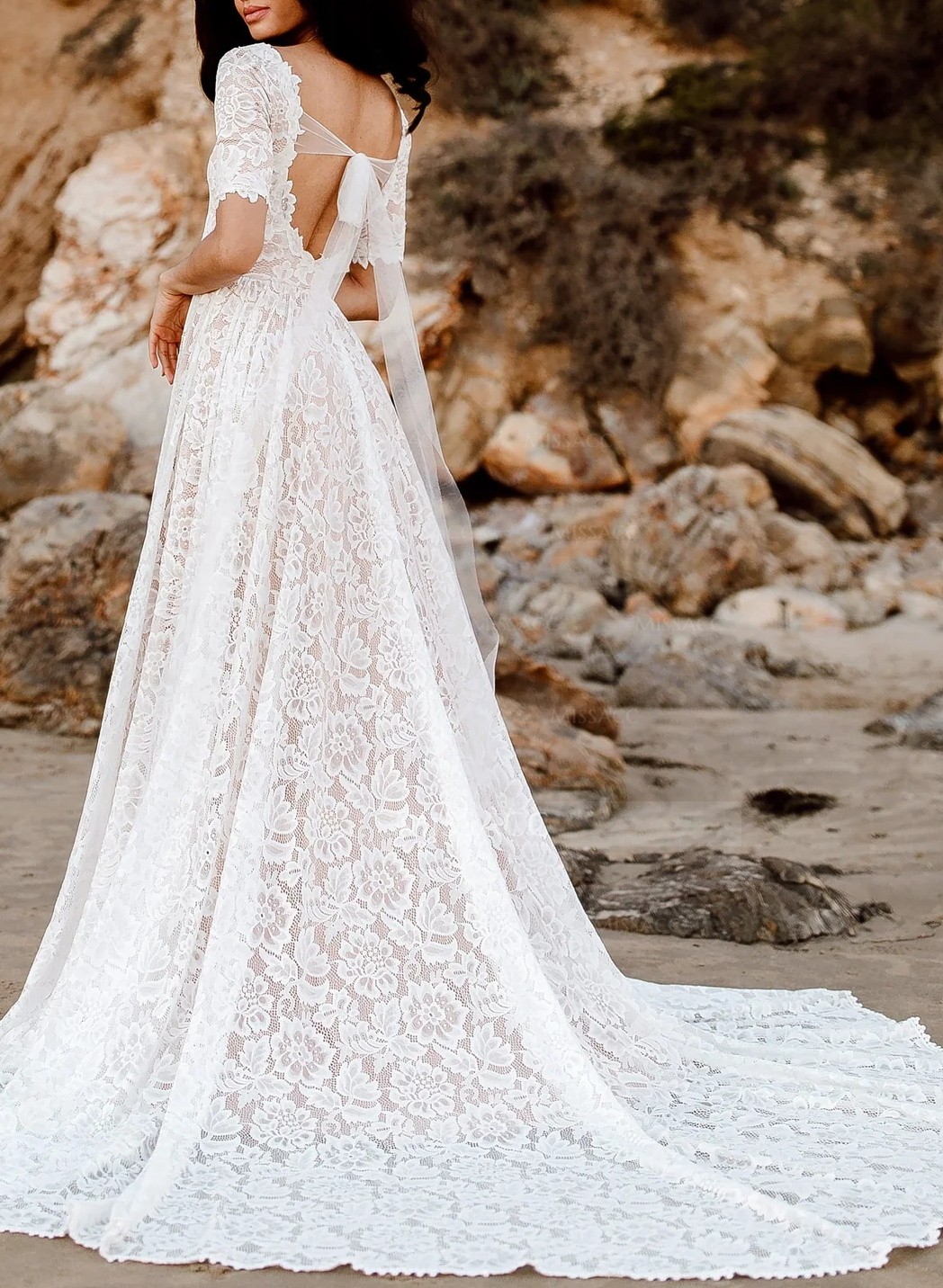 Boho Lace A-Line Open Back Wedding Dresses With Short Sleeves