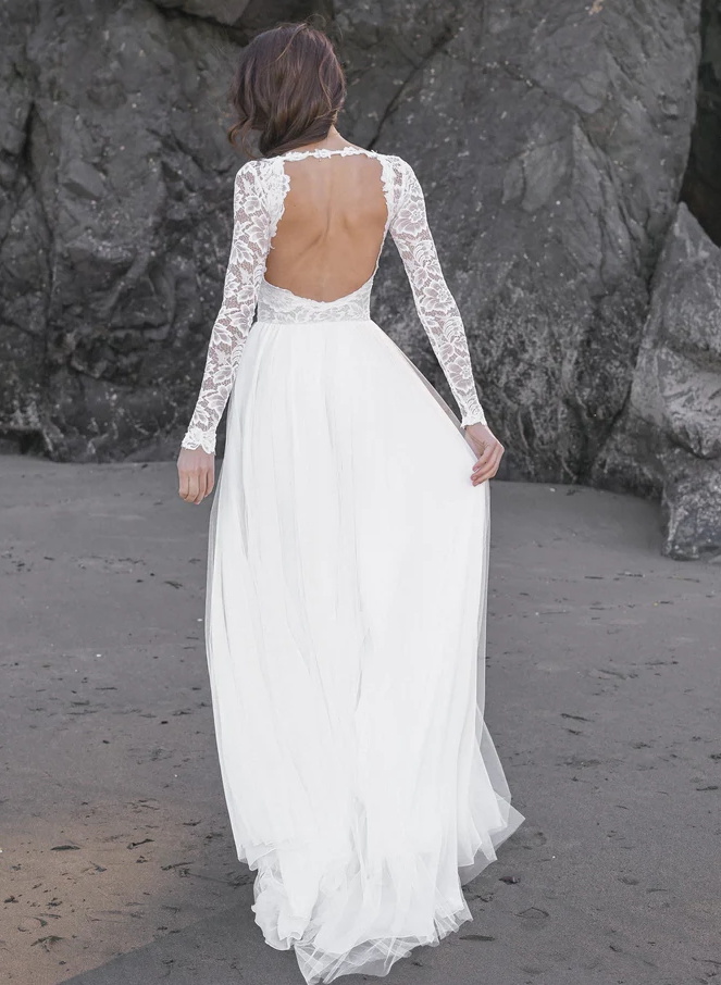 Boho Lace A-Line Open Back Long Sleeves Wedding Dresses With Tulle