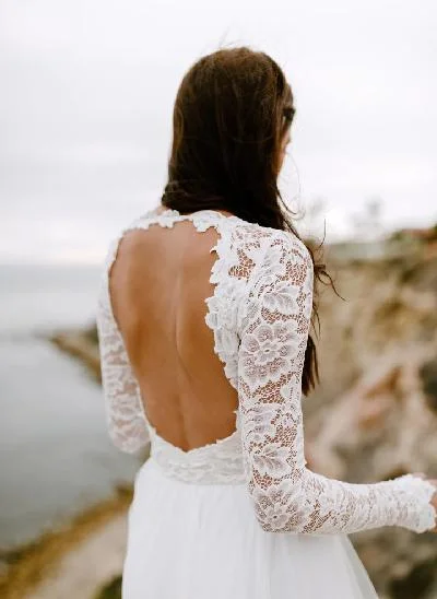 Boho Lace A-Line Open Back Long Sleeves Wedding Dresses With Tulle