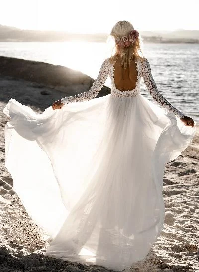 Boho Beach Lace Open Back A-Line Wedding Dresses With Long Sleeves