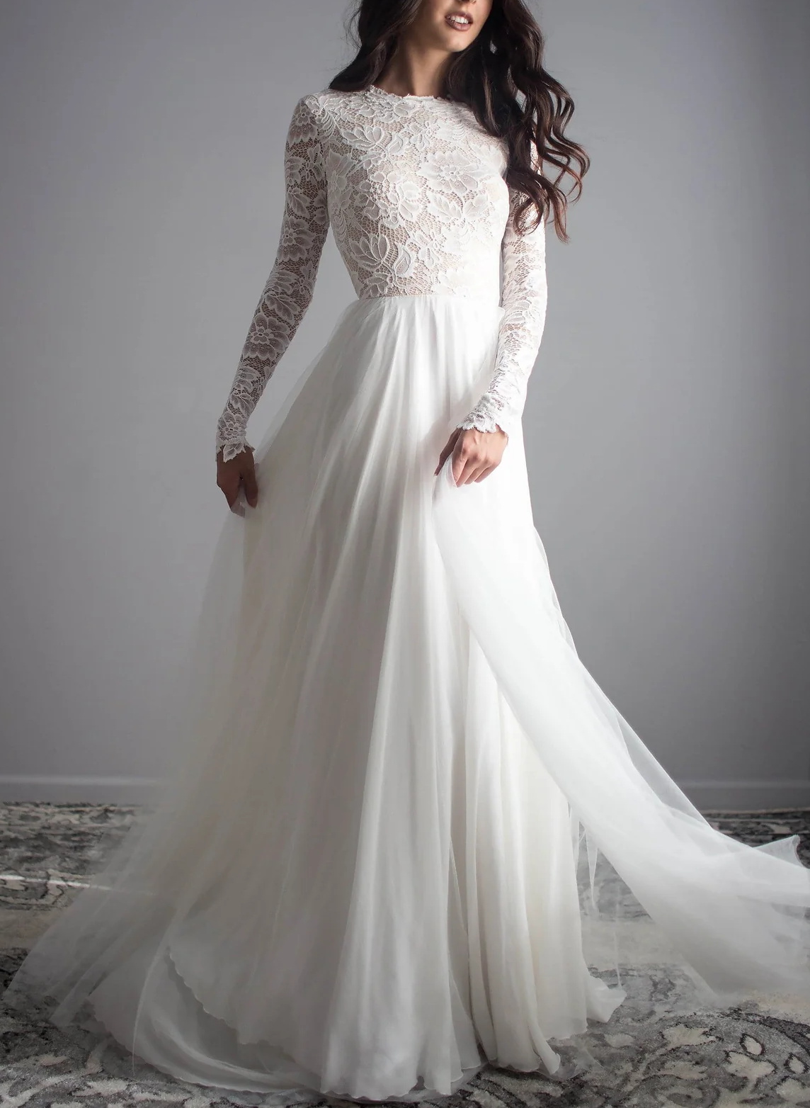 Boho Beach Lace Open Back A-Line Wedding Dresses With Long Sleeves