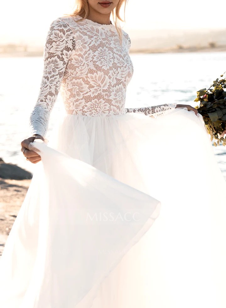 Boho Beach Lace Open Back A-Line Wedding Dresses With Long Sleeves