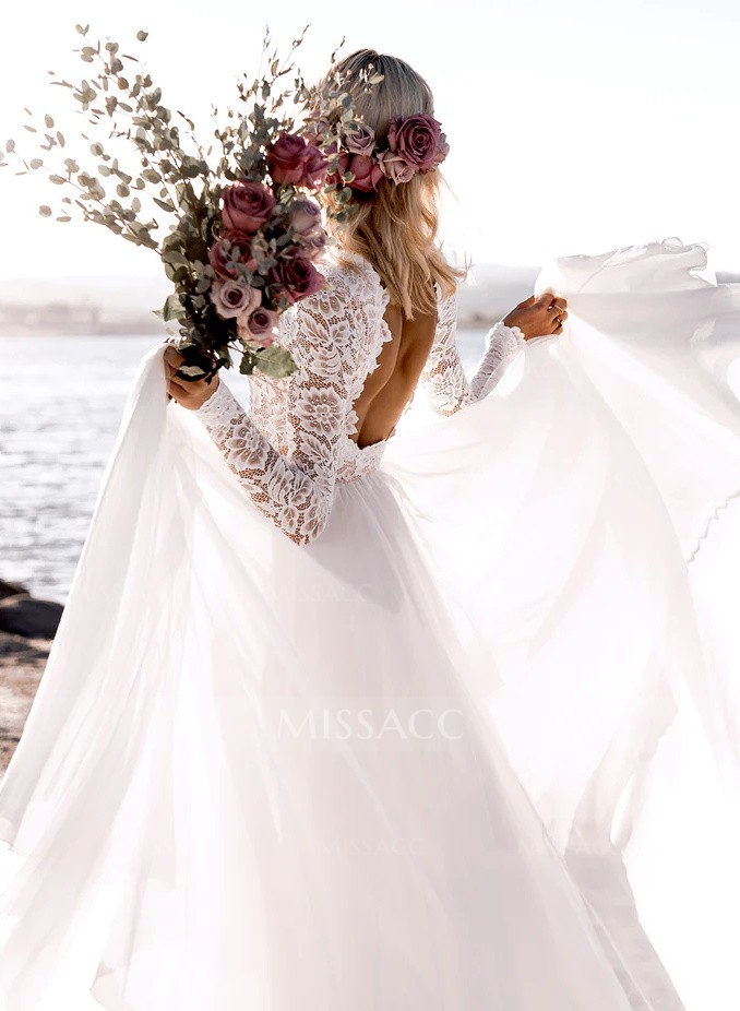 Boho Beach Lace Open Back A-Line Wedding Dresses With Long Sleeves