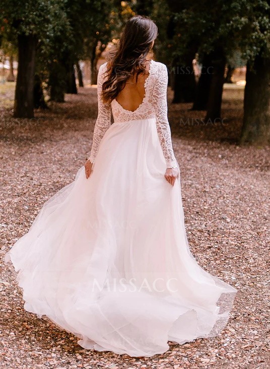 Boho Beach Lace Open Back A-Line Wedding Dresses With Long Sleeves