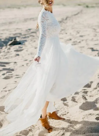 Boho Beach Lace Tulle A-Line Wedding Dresses With Long Sleeves