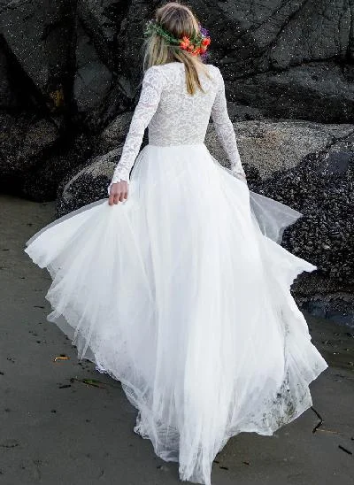 Boho Beach Lace Tulle A-Line Wedding Dresses With Long Sleeves