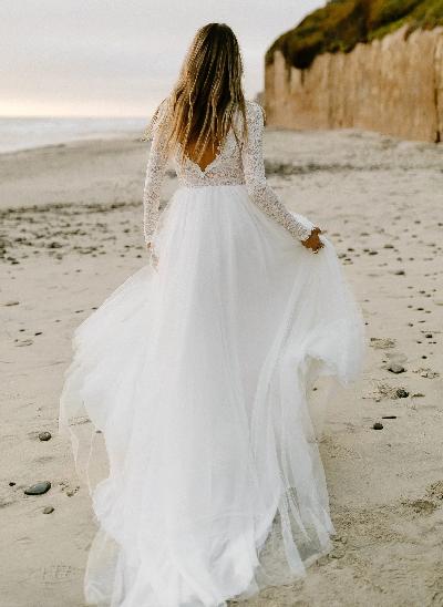 Boho Lace Tulle A-Line Wedding Dresses With Long Sleeves