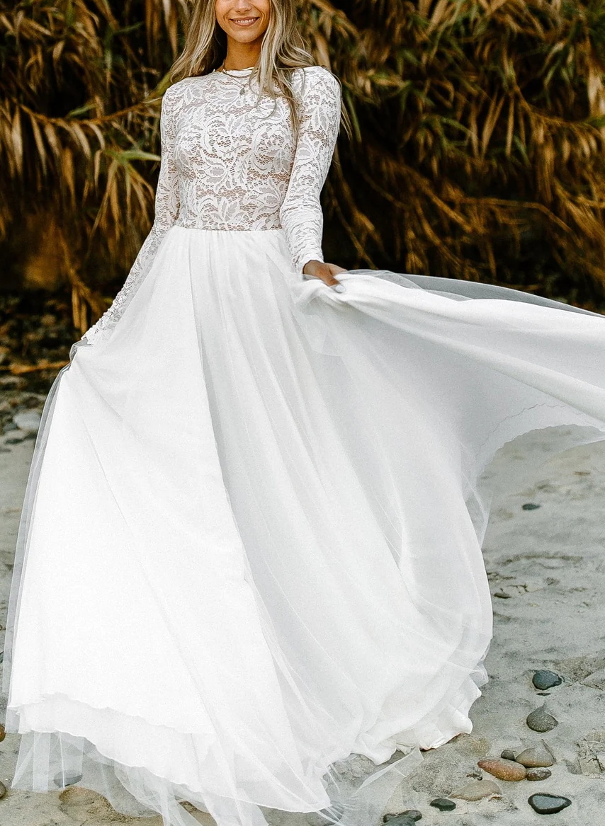Boho Lace Tulle A-Line Wedding Dresses With Long Sleeves