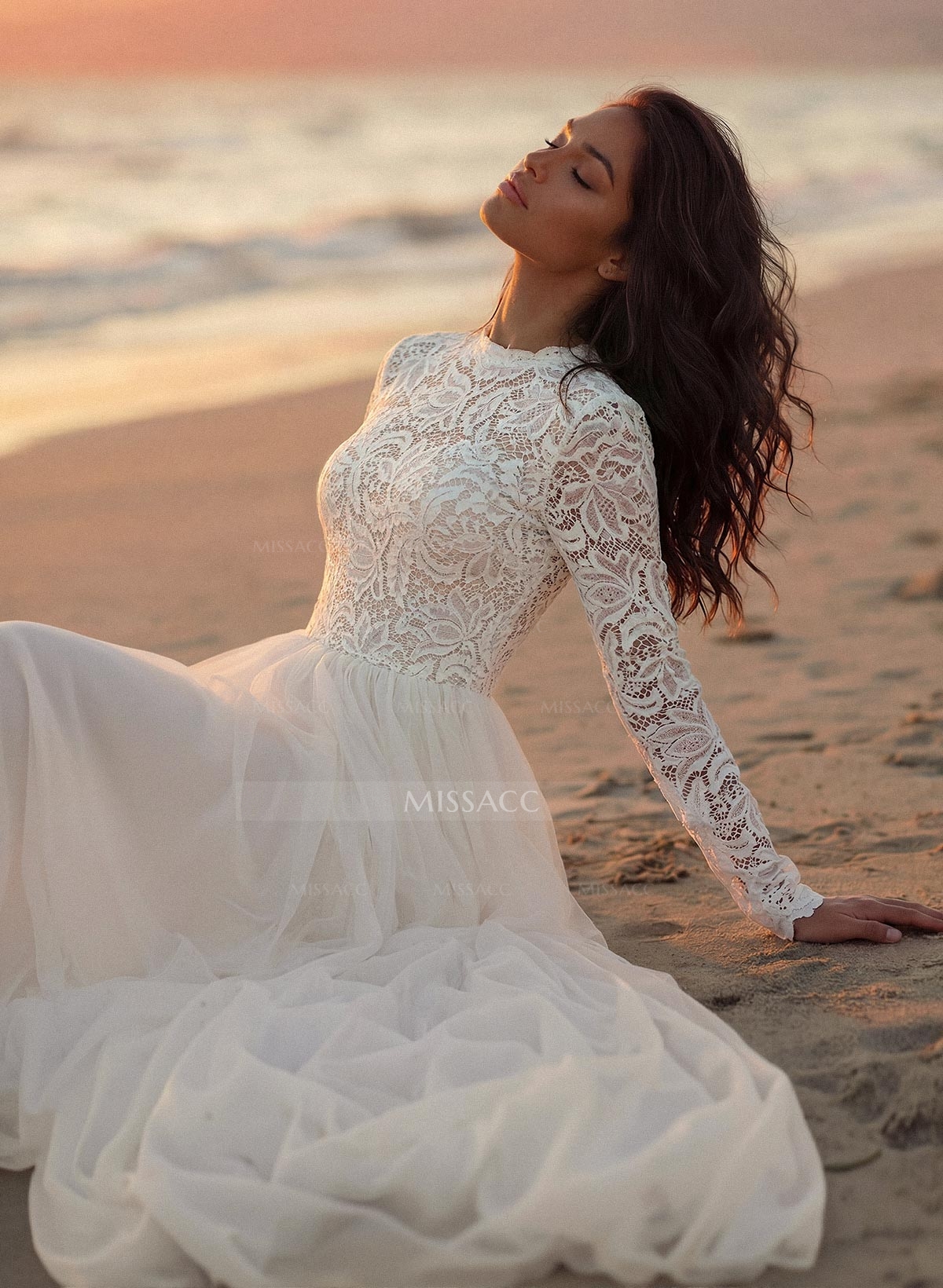 Boho Lace Tulle A-Line Wedding Dresses With Long Sleeves
