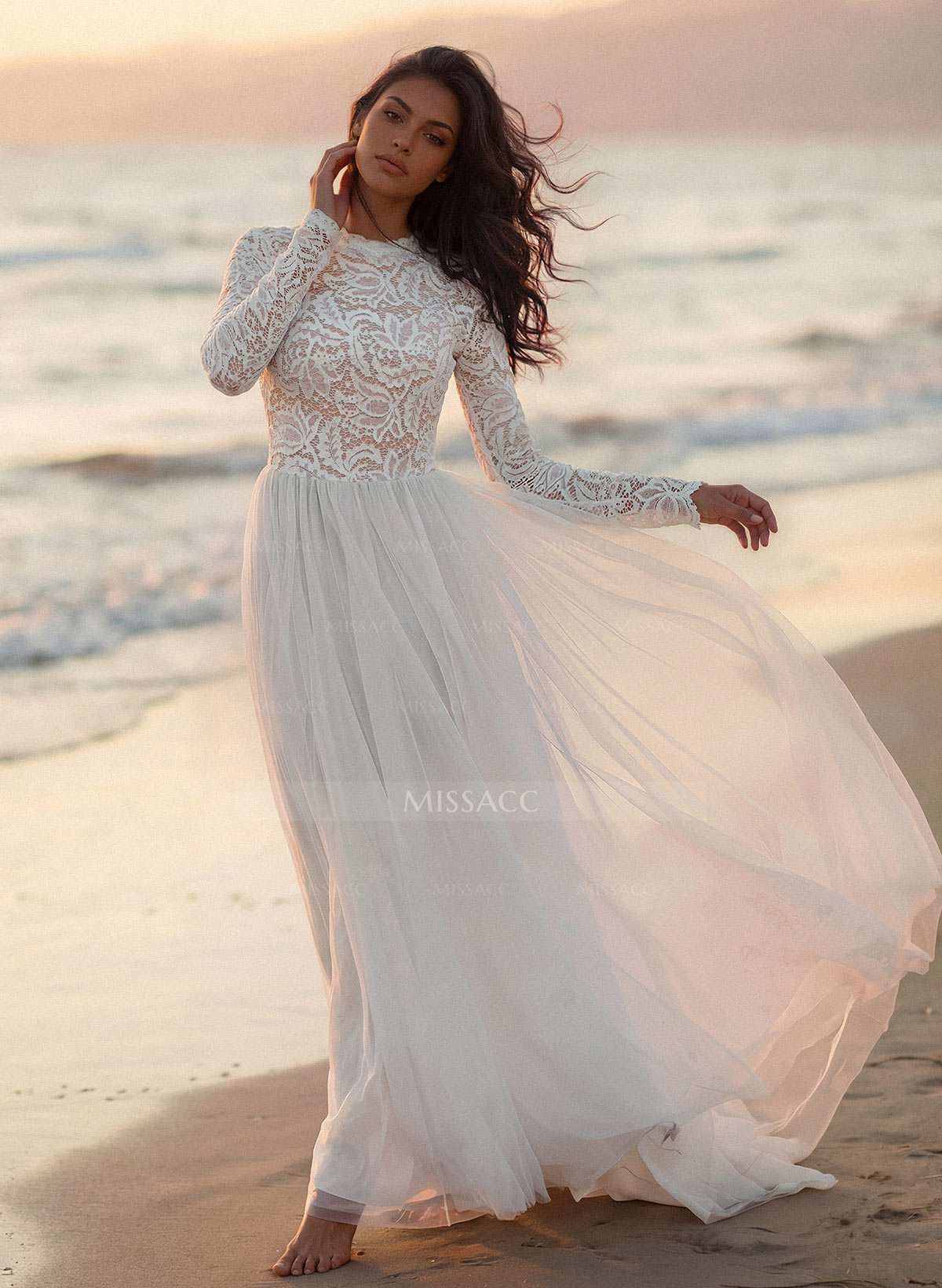 Boho Lace Tulle A-Line Wedding Dresses With Long Sleeves