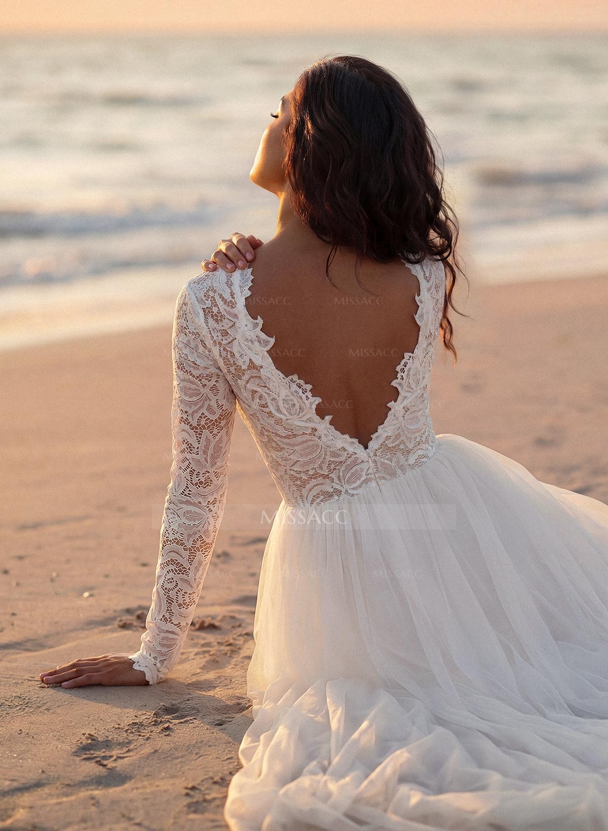 Boho Lace Tulle A-Line Wedding Dresses With Long Sleeves