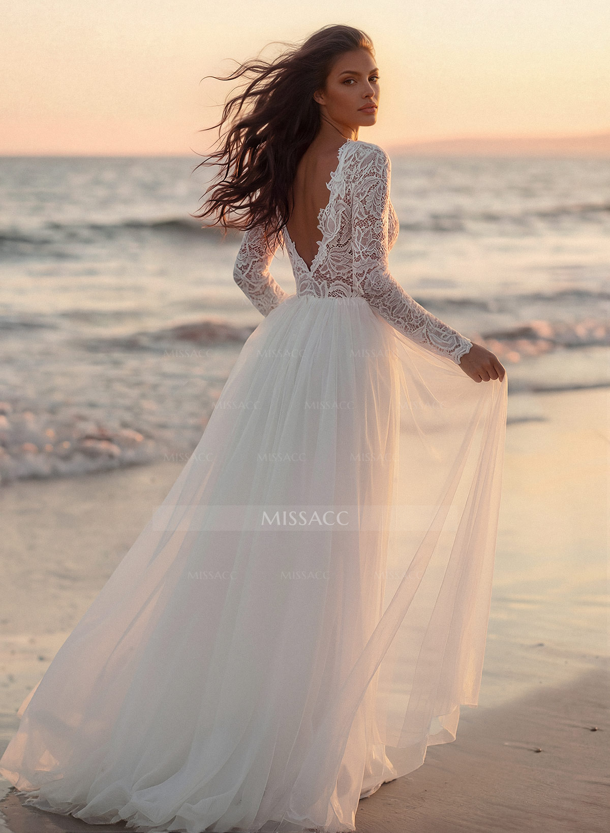 Boho Lace Tulle A-Line Wedding Dresses With Long Sleeves