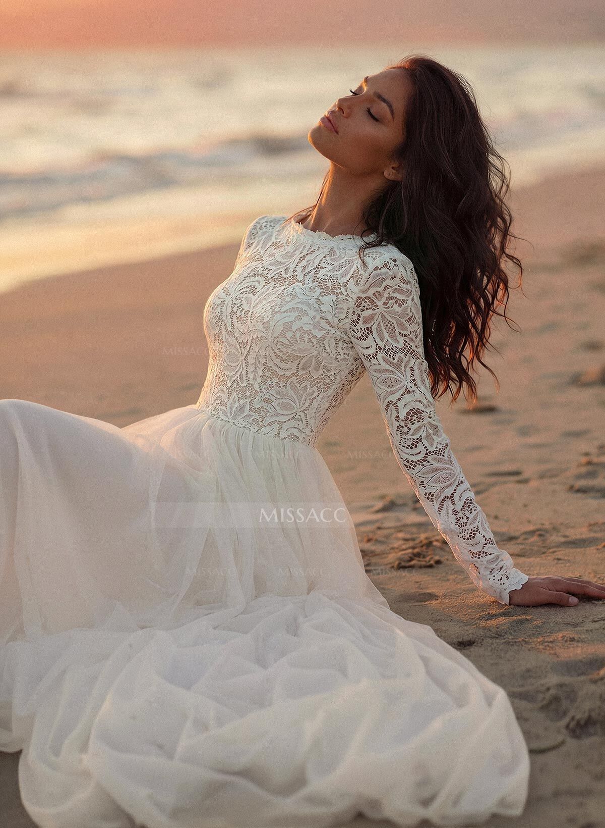 Boho Lace Tulle A-Line Wedding Dresses With Long Sleeves