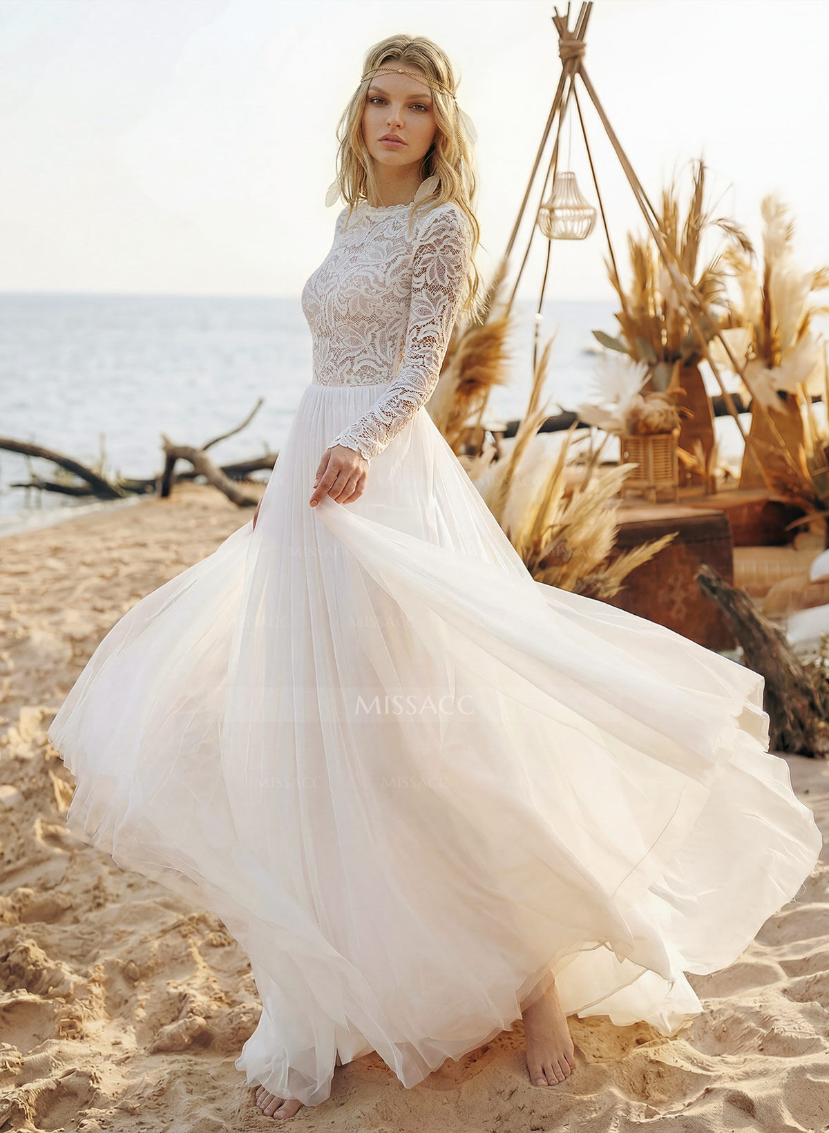 Boho Lace Tulle A-Line Wedding Dresses With Long Sleeves