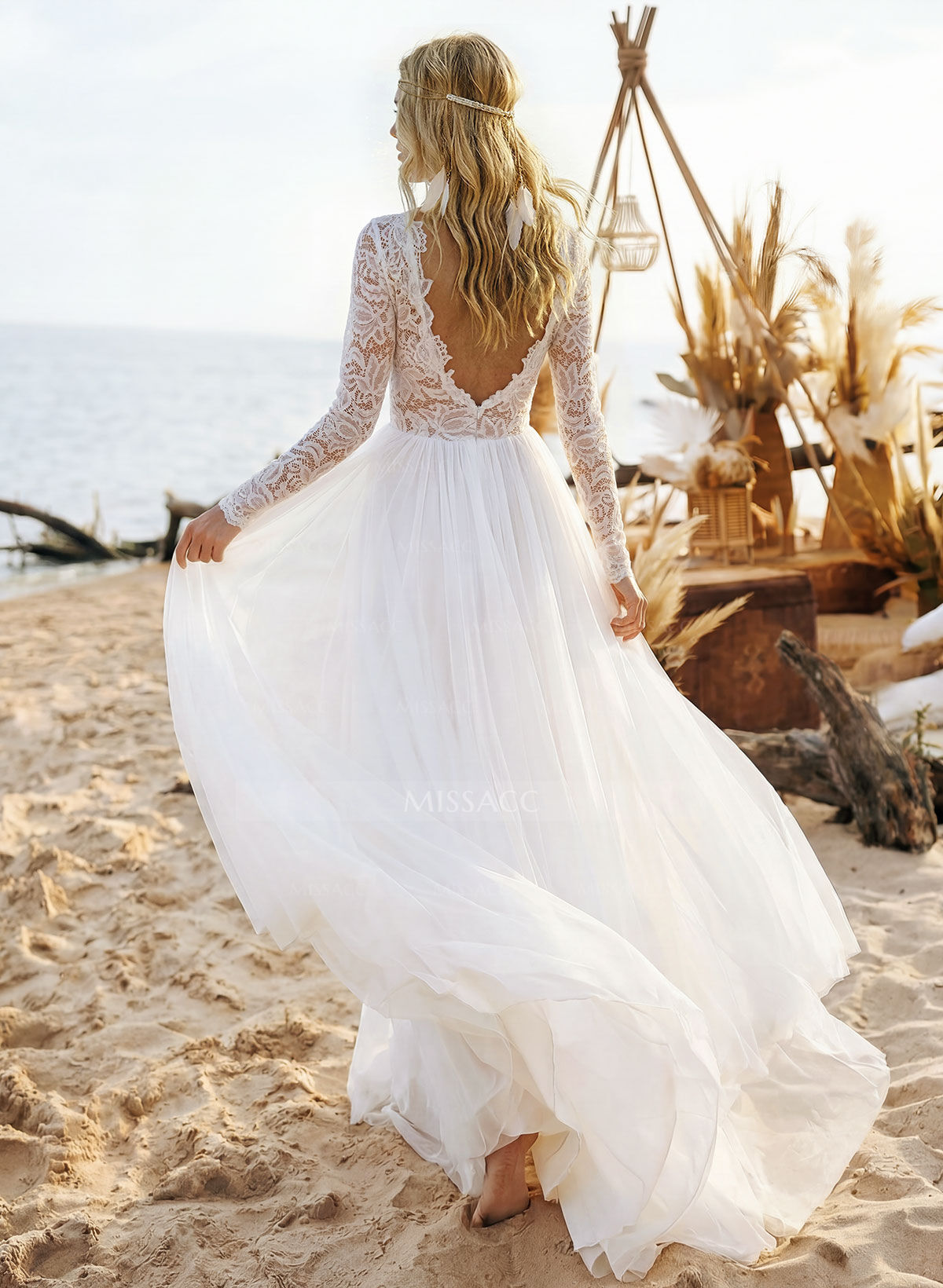 Boho Lace Tulle A-Line Wedding Dresses With Long Sleeves
