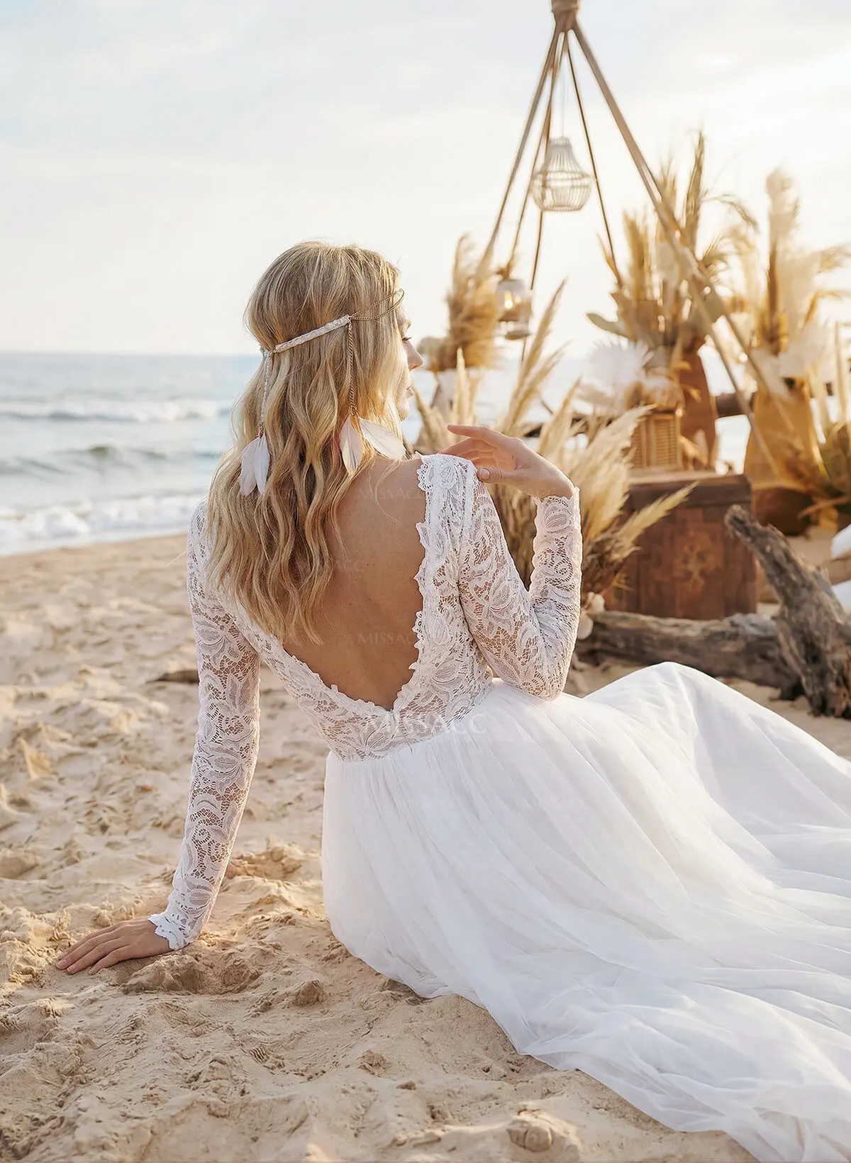 navy blue dress for baby girl Bohemian Lace A-Line Beach Wedding Bohemian Wedding Dress with Long Sleeves and Backless - Simple Tulle Bridal Gown for Women main image 0