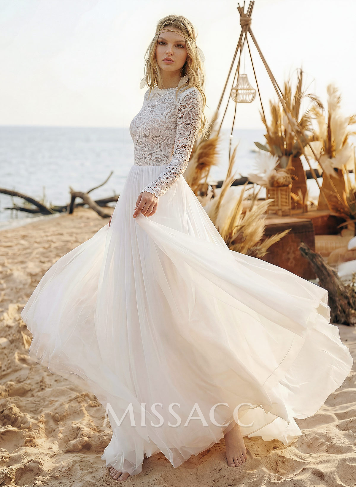 Boho Lace Tulle A-Line Wedding Dresses With Long Sleeves