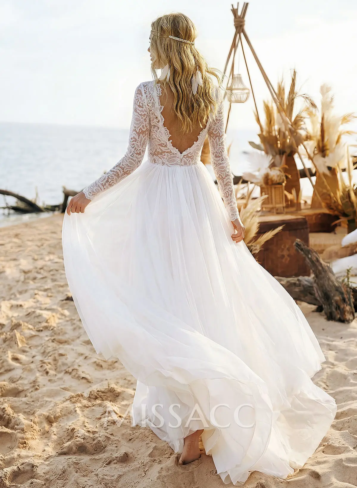 Boho Lace Tulle A-Line Wedding Dresses With Long Sleeves - Missacc Boho Lace Tulle A-Line Wedding Dresses With Long Sleeves - Missacc