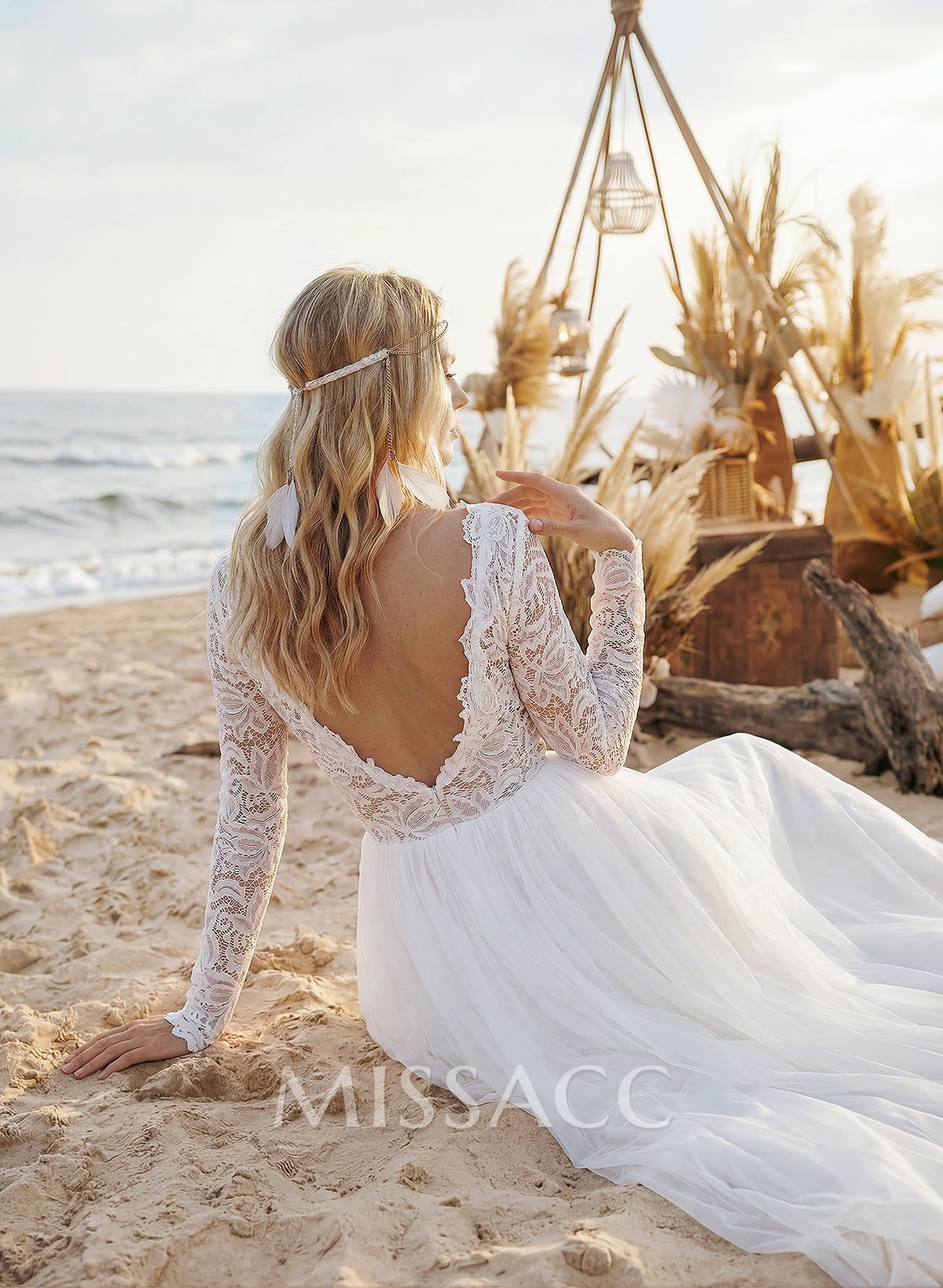 Boho Lace Tulle A-Line Wedding Dresses With Long Sleeves