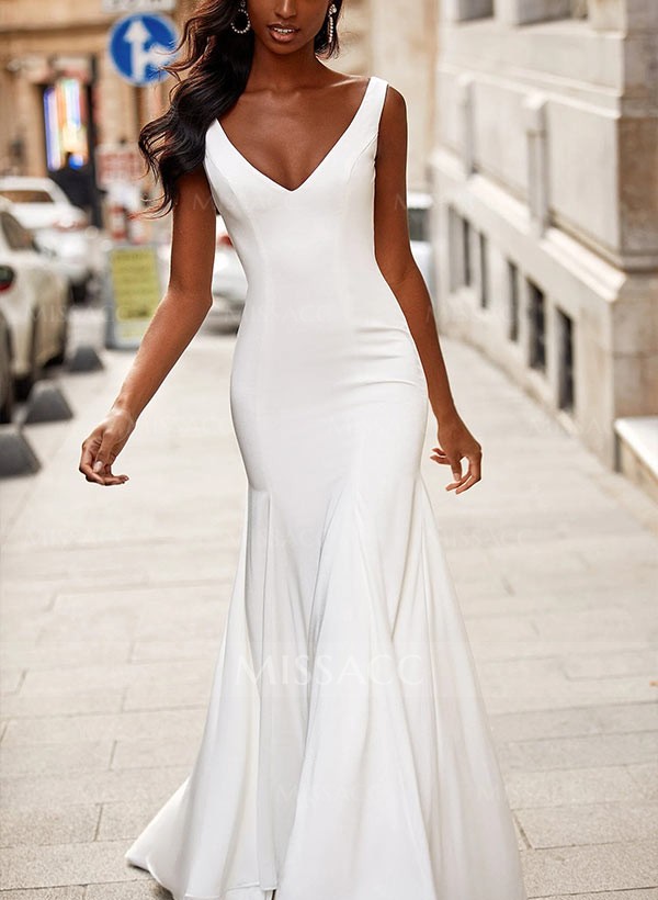 A-Line V-Neck Sleeveless Sweep Train Elastic Satin Wedding Dresses