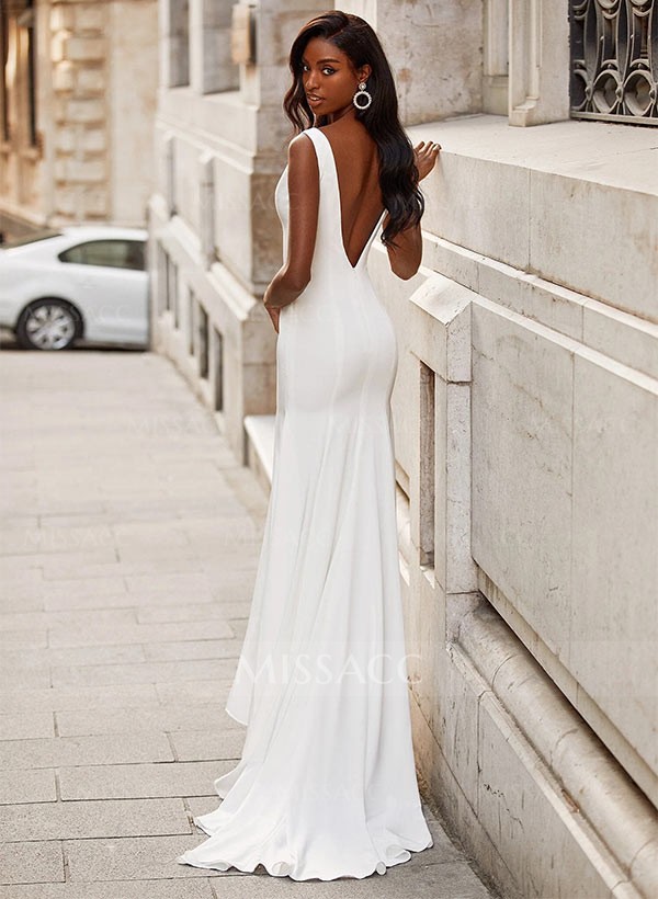 A-Line V-Neck Sleeveless Sweep Train Elastic Satin Wedding Dresses