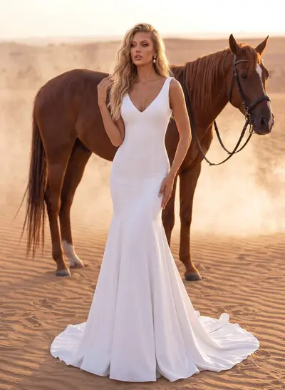 A-Line V-Neck Sleeveless Sweep Train Elastic Satin Wedding Dresses