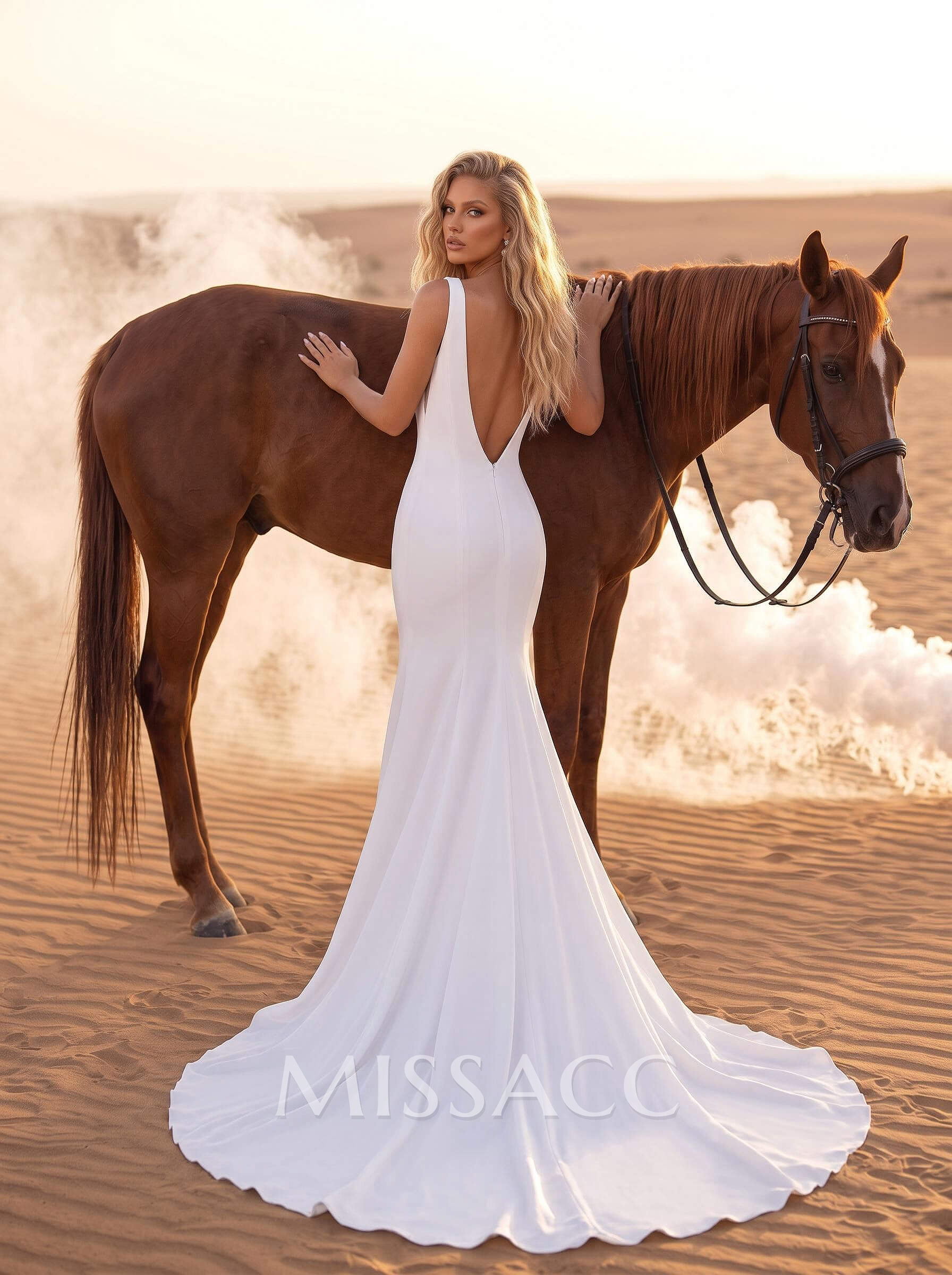 A-Line V-Neck Sleeveless Sweep Train Elastic Satin Wedding Dresses