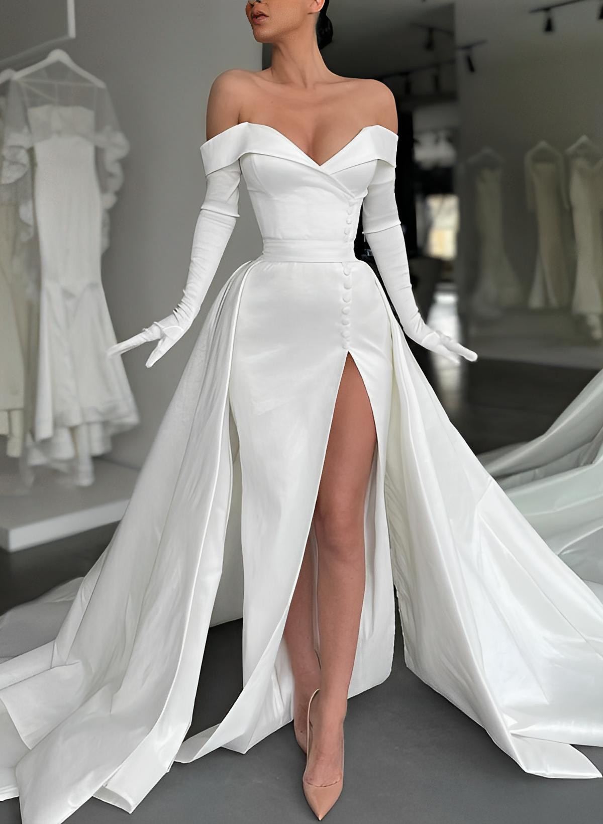 Elegant Long Sleeves Court Train Satin Wedding Dresses