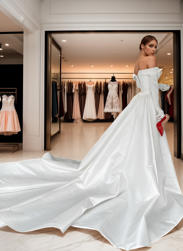 Sheath Off-The-Shoulder Court Train Satin Wedding Dresses With Detachable Train