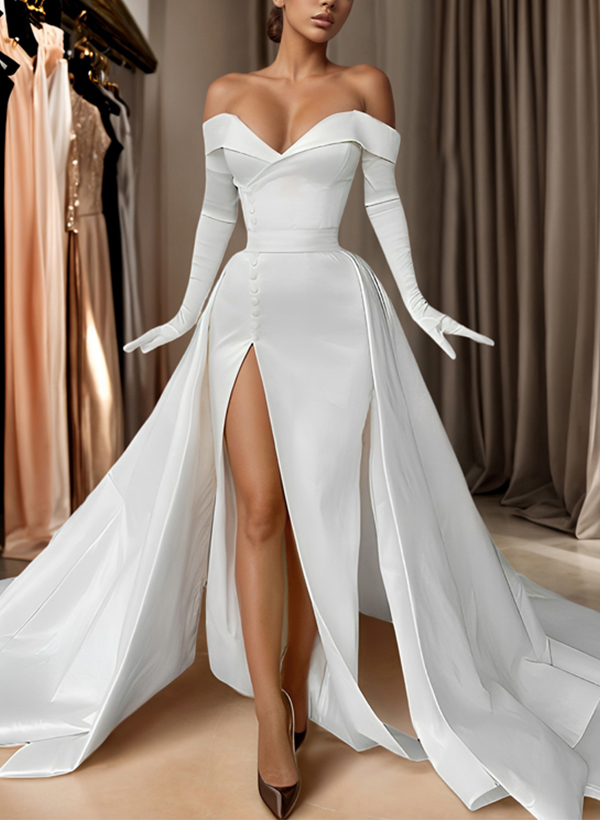 Sheath Off-The-Shoulder Court Train Satin Wedding Dresses With Detachable Train