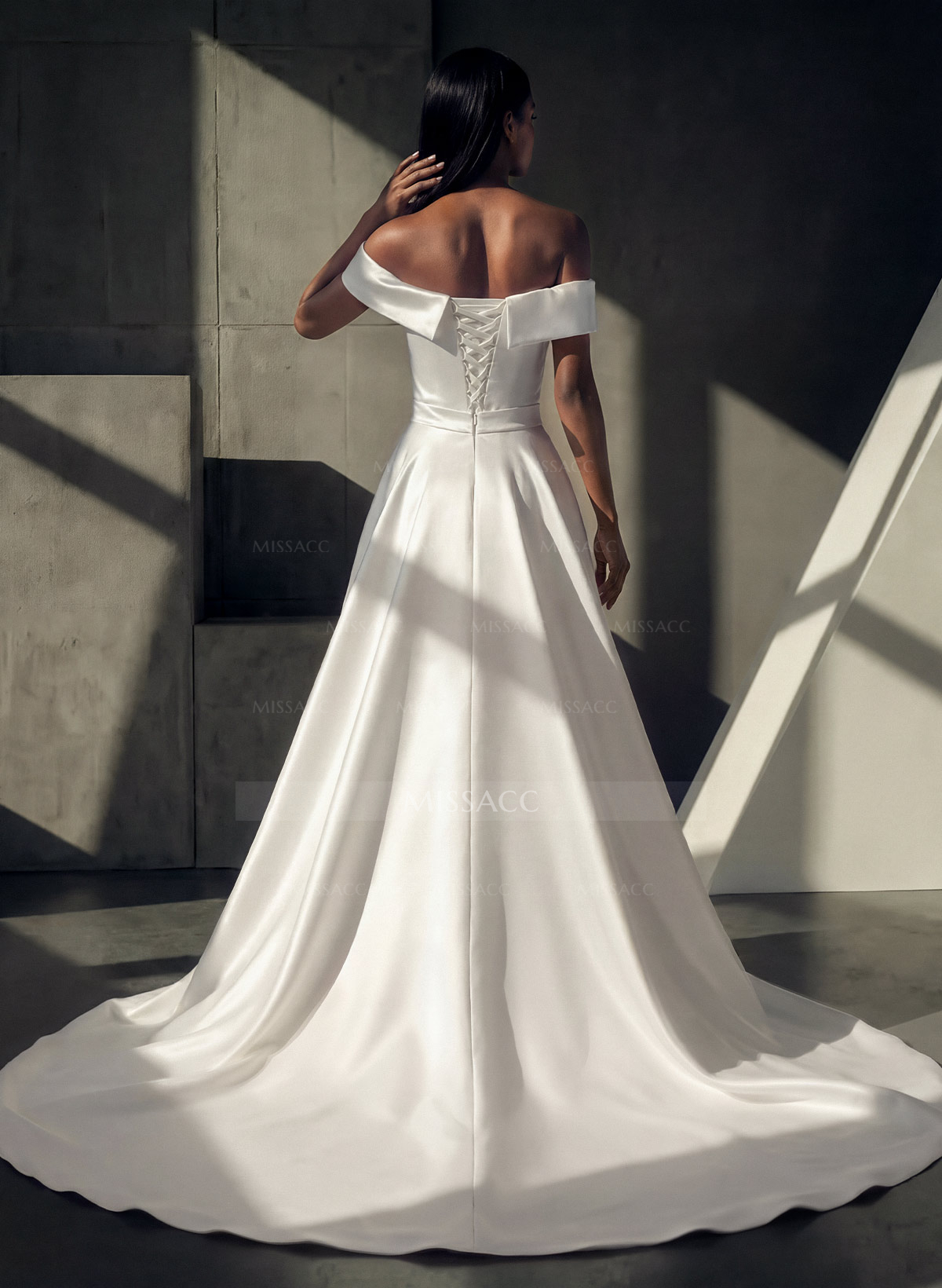 Sheath Off-The-Shoulder Court Train Satin Wedding Dresses With Detachable Train