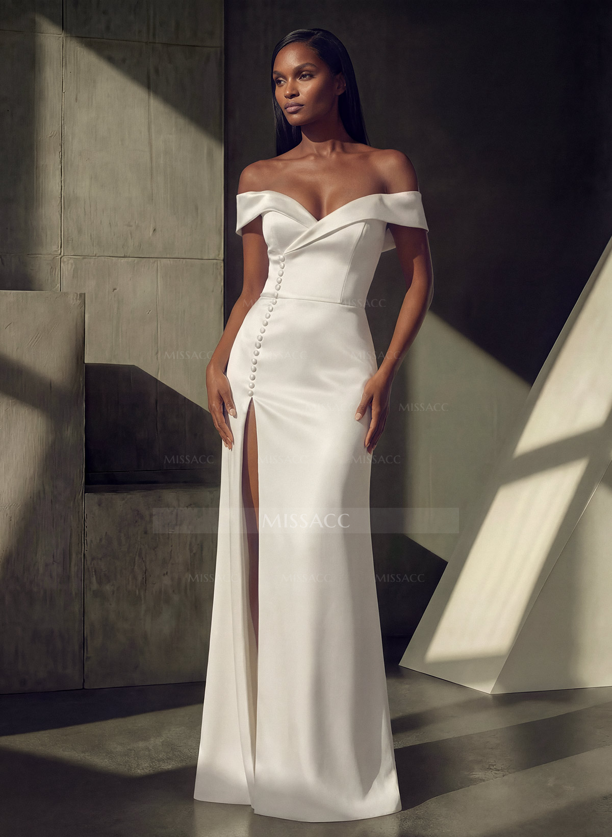 Sheath Off-The-Shoulder Court Train Satin Wedding Dresses With Detachable Train
