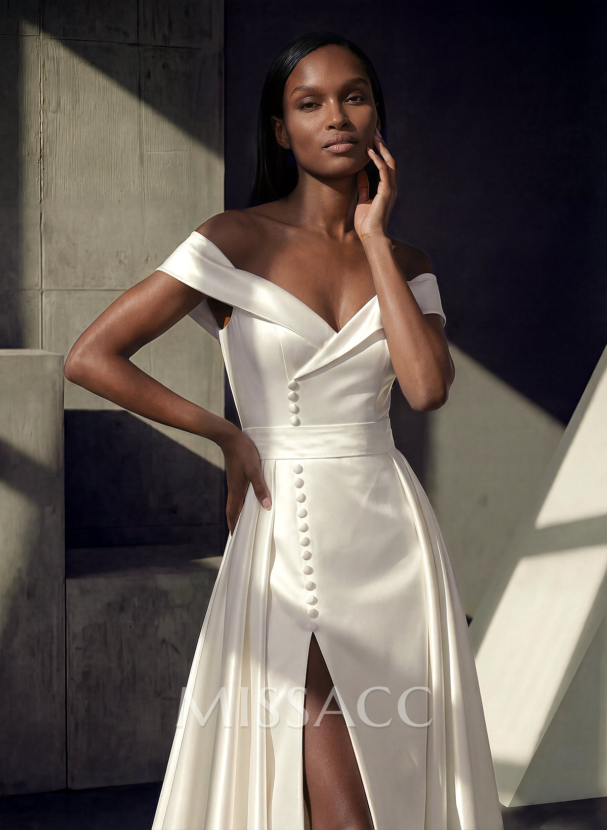 Sheath Off-The-Shoulder Court Train Satin Wedding Dresses With Detachable Train Sheath Off-The-Shoulder Court Train Satin Wedding Dresses With Detachable Train