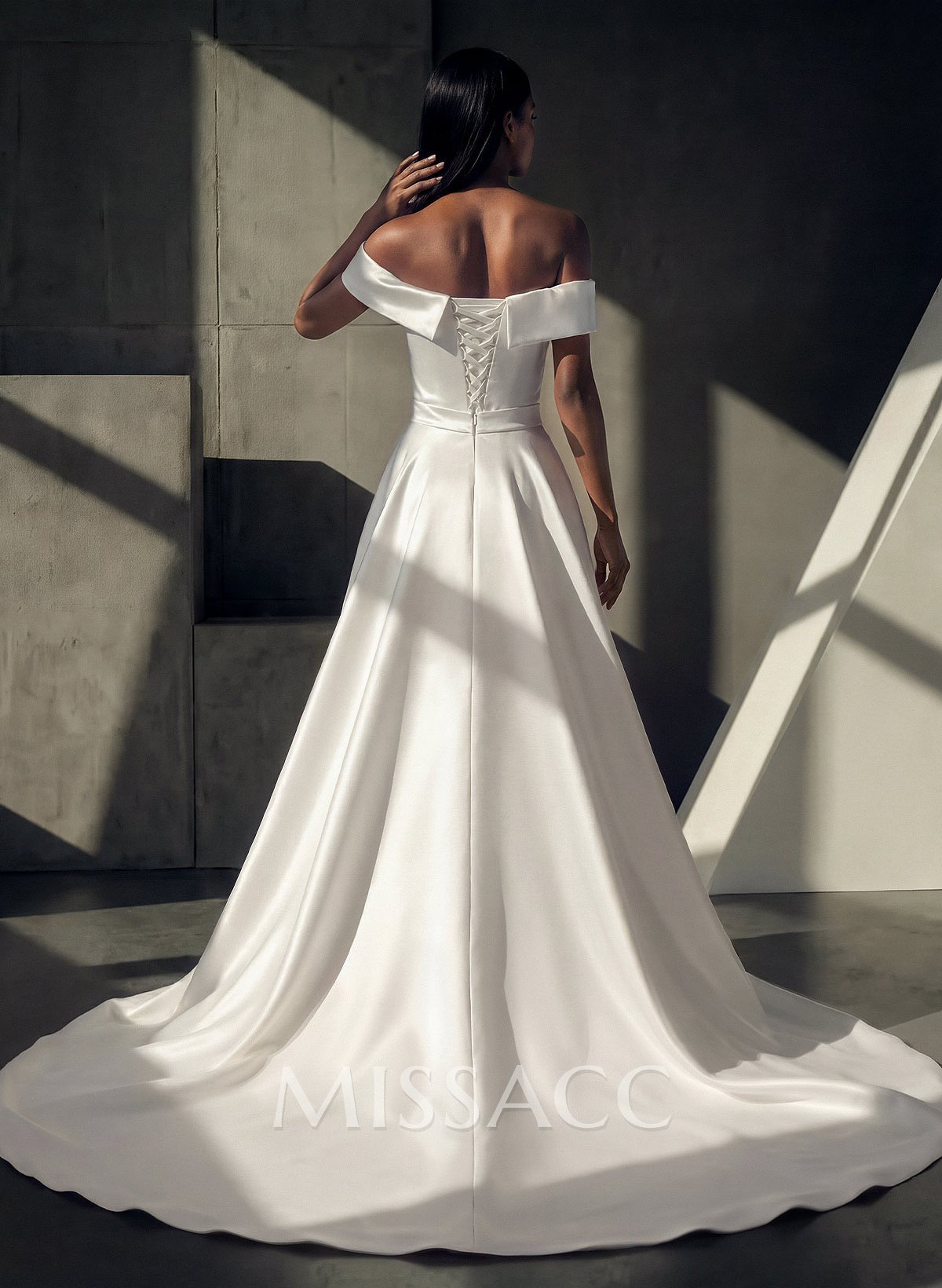 Sheath Off-The-Shoulder Court Train Satin Wedding Dresses With Detachable Train Sheath Off-The-Shoulder Court Train Satin Wedding Dresses With Detachable Train