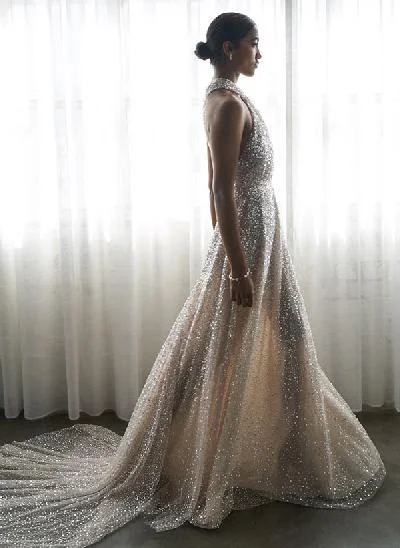 A-Line Halter Sleeveless Sweep Train Sequined Wedding Dresses
