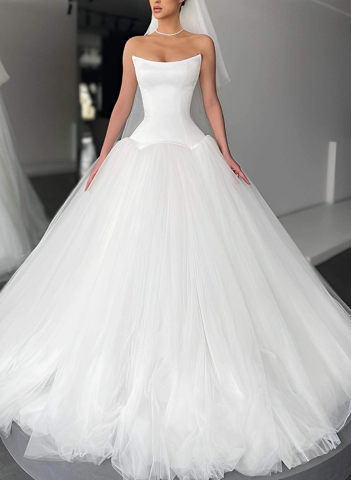 Ball-Gown Sleeveless Sweep Train Satin/Tulle Wedding Dresses