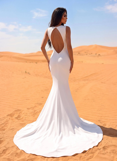 Trumpet/Mermaid Scoop Neck Sleeveless Sweep Train Elastic Satin Wedding Dresses