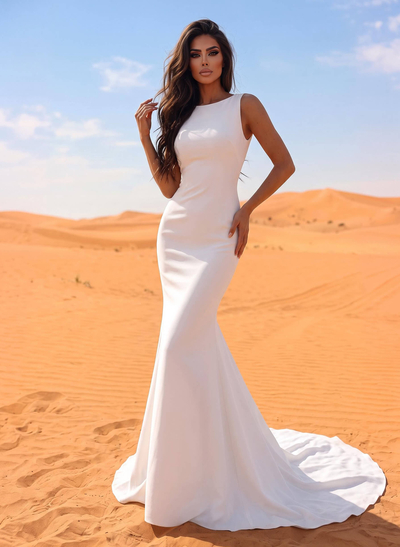 Trumpet/Mermaid Scoop Neck Sleeveless Sweep Train Elastic Satin Wedding Dresses