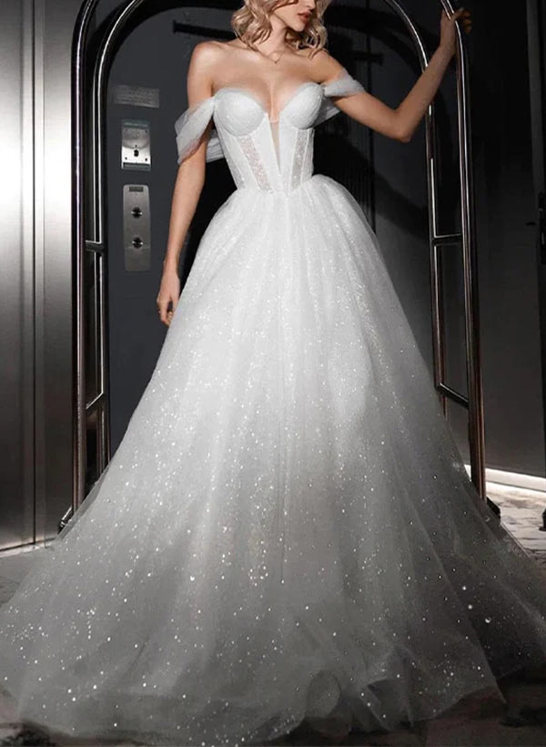 Ball-Gown Off-The-Shoulder Sleeveless Sweep Train Sequined Wedding Dresses